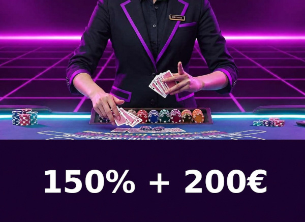 Bild eines Live-Casino-Tisches mit Dealer und Grafik 150% + 200 Freispiele