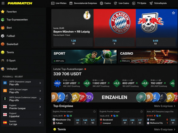 Benutzeroberfläche der Parimatch-Website